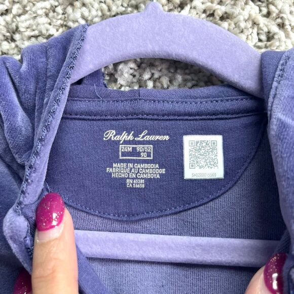 Ralph Lauren Jacket Girls 24M Purple Velour Hooded Full Zip Up Peplum Ruffled He - Picture 3 of 5